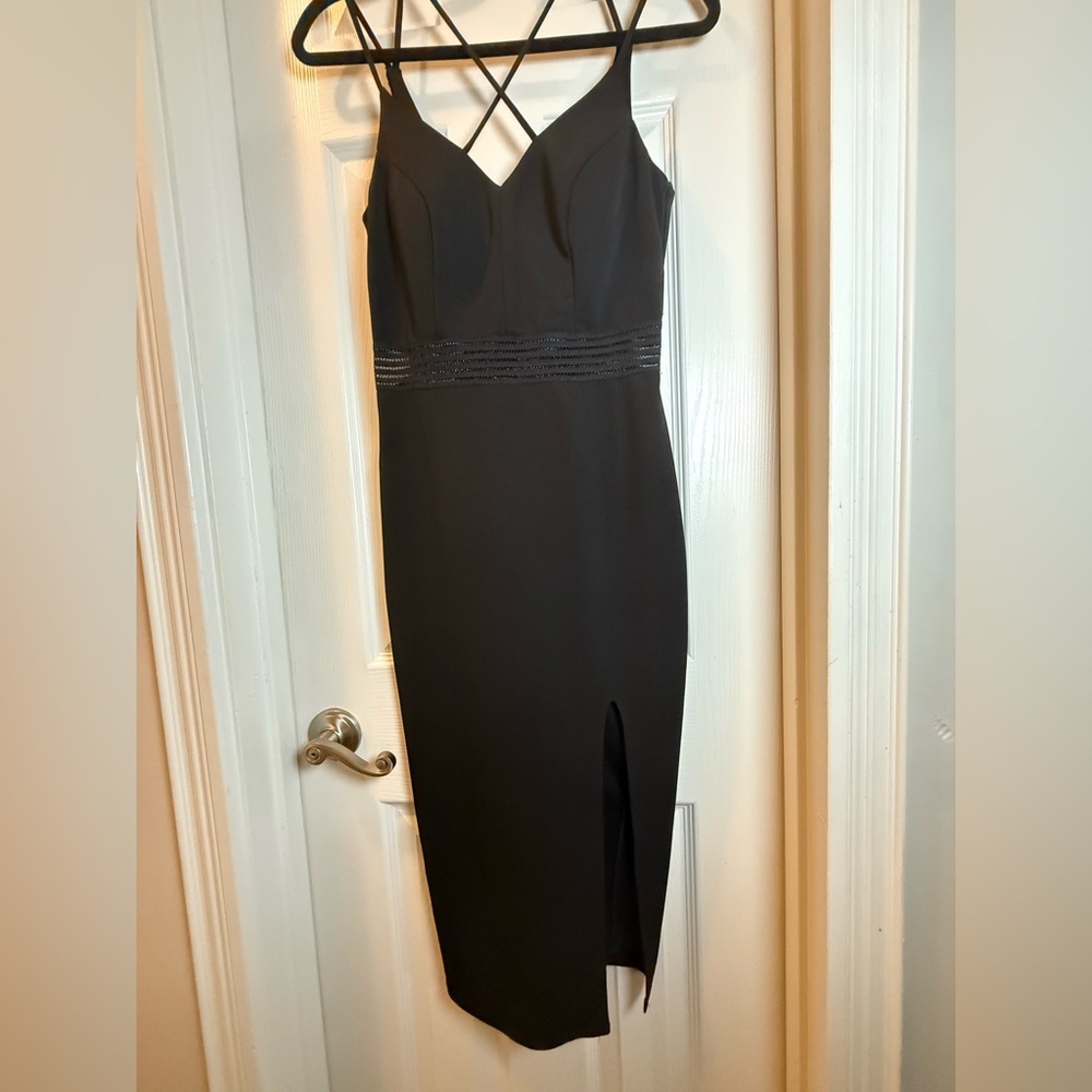 Retro Prom Black Ribbed V-Neck Backless  Dress Women Leg Slit Event Sz 5 Junior
